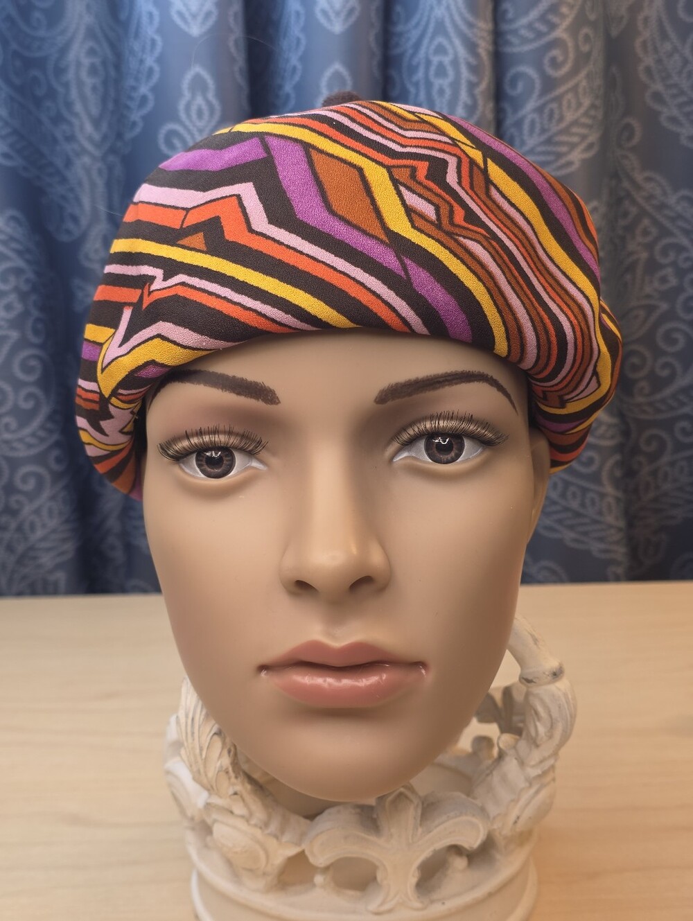 Vintage JAEGER LONDON Psychedelic Geometric Beret Tam Hat Multicolor